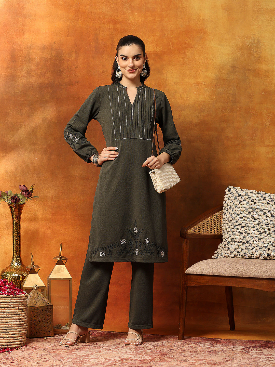 Wool Blend Kurta Set with Embroidered Yoke, Smocked Sleeves &amp; Palazzo