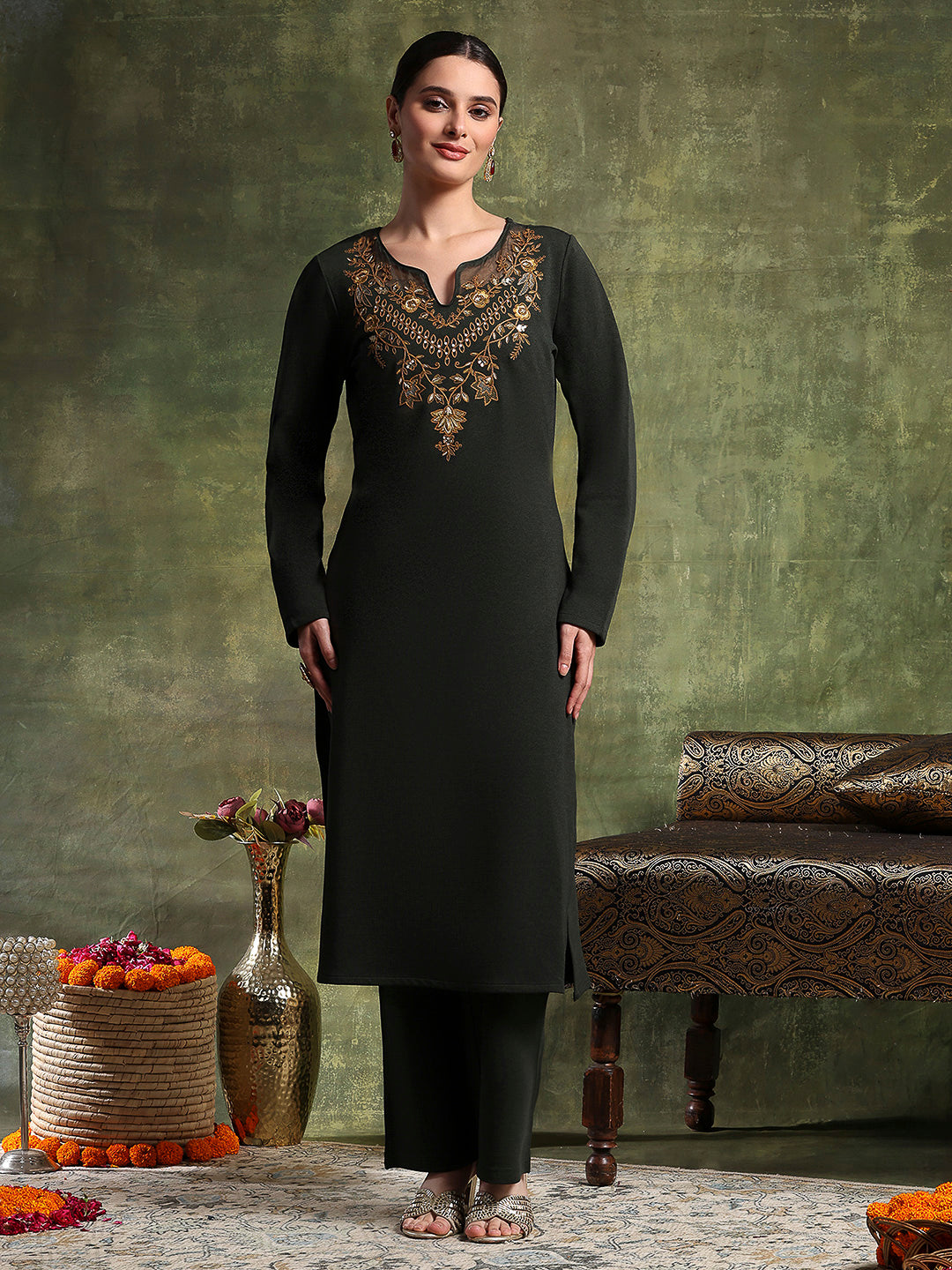 Denim Wool Kurta Set with Thread Embroidery &amp; Palazzo