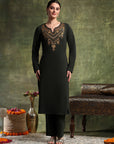 Denim Wool Kurta Set with Thread Embroidery & Palazzo