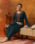 Wool Blend Kurta Set with Round Neck & Ethnic Embroidery
