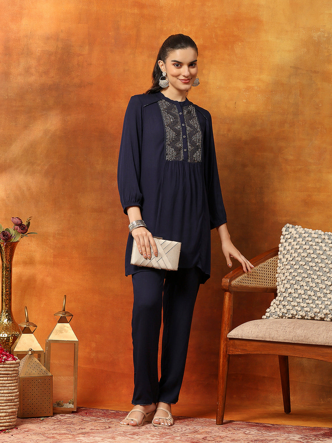 Solid Zari Embroidered Rayon Kurta with Laced Hem Palazzo