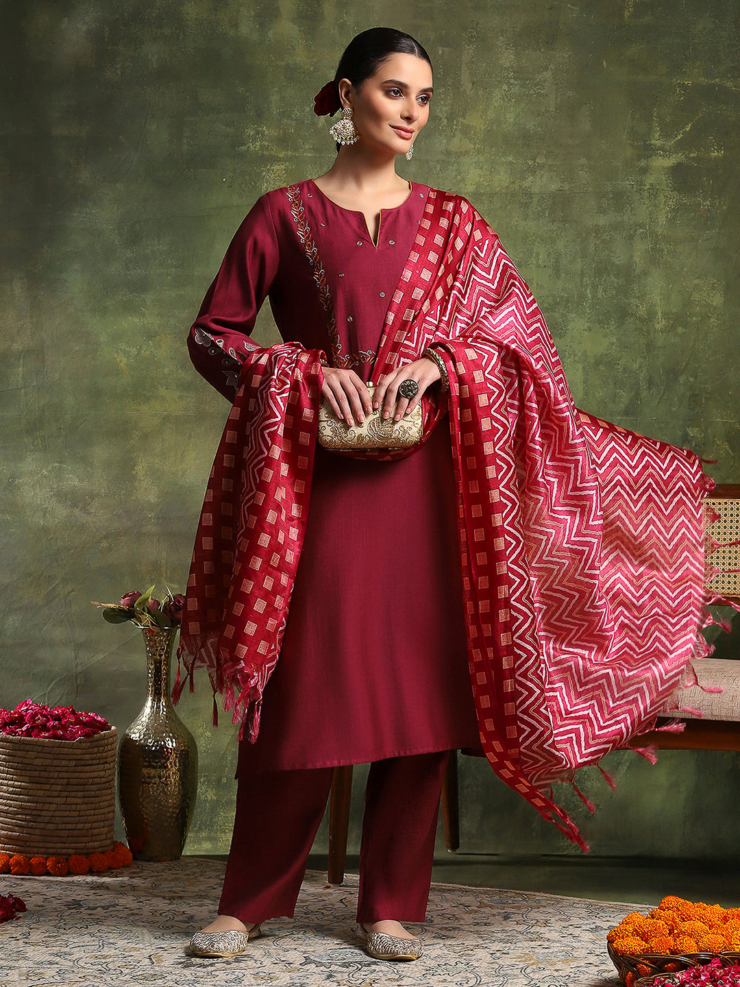 Vetican Embroidered Kurta Set with Bell Sleeves &amp; Khadi Silk Dupatta