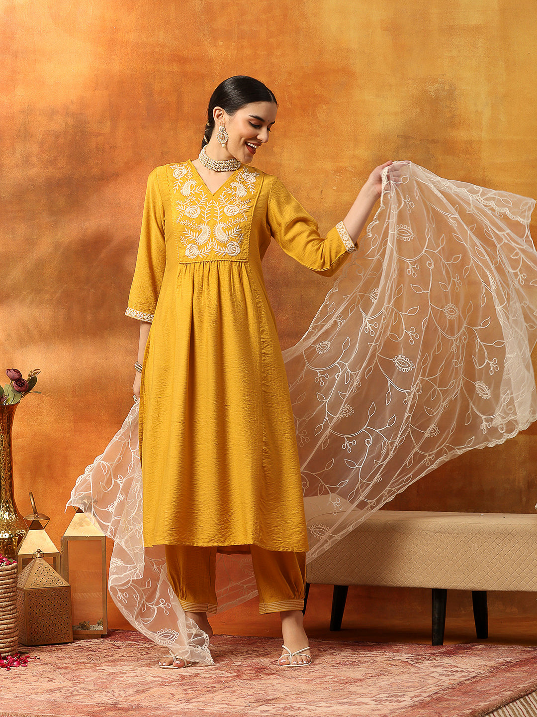 A-Line Kurta Set with Lucknavi Embroidery, Palazzo &amp; Embroidered Supernet Dupatta