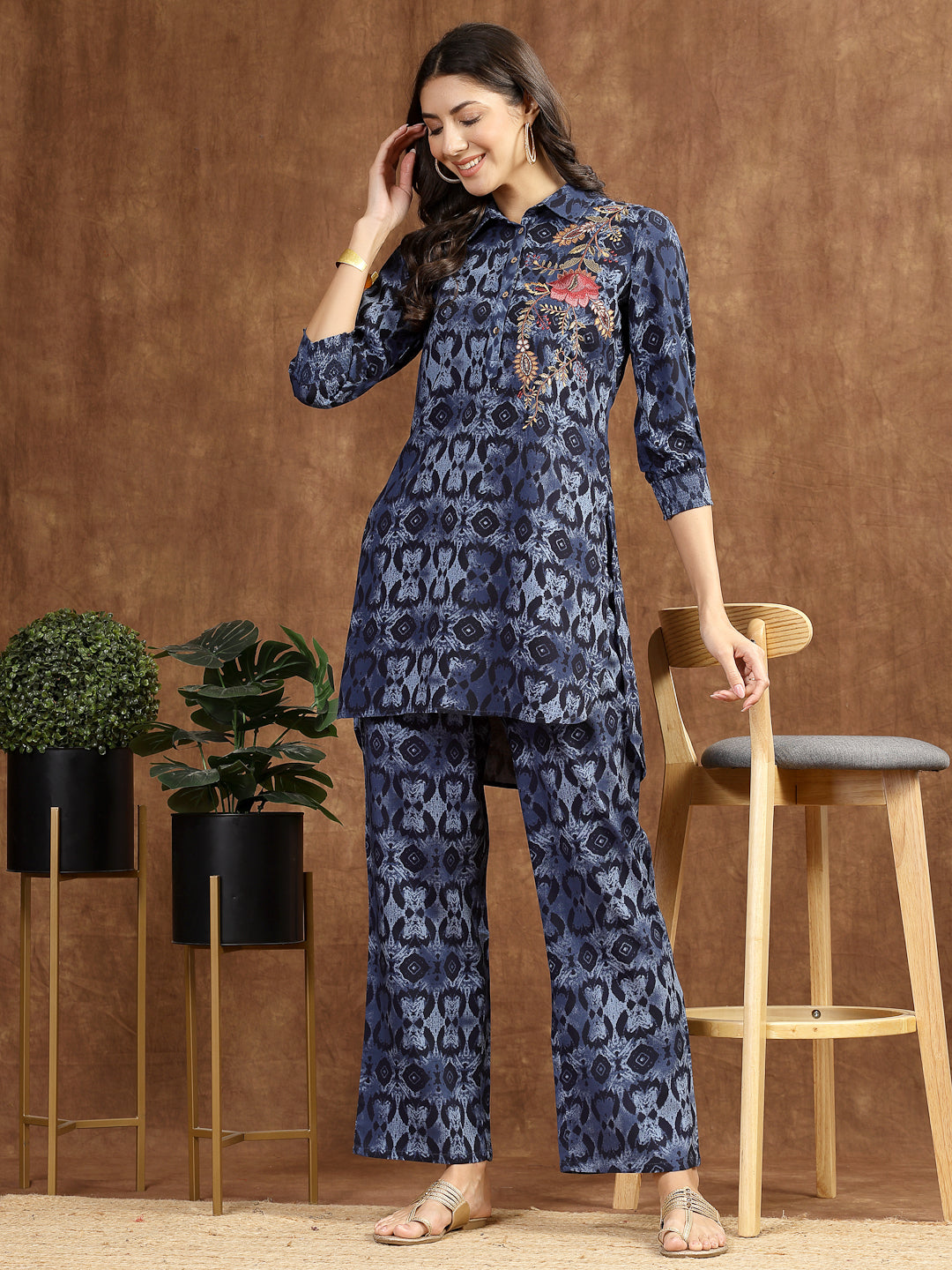 Blue Indo-Western Co-ord with Embroidered Shirt Collar Tunic &amp; Printed Palazzo