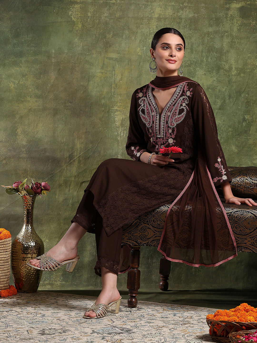 Crepe &amp; Raschel Embroidered Kurta Set with Lace-Edged Mesh Dupatta