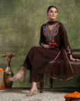 Crepe & Raschel Embroidered Kurta Set with Lace-Edged Mesh Dupatta