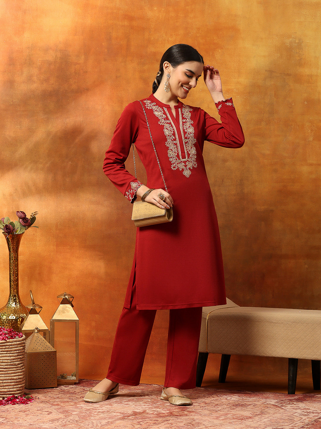Wool Blend Solid Kurta Set with Thread Embroidery &amp; Elasticated Palazzo