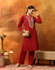 Wool Blend Solid Kurta Set with Thread Embroidery & Elasticated Palazzo