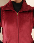 Velour Fur Sleeveless Jacket with Structured Collar & Zipper Closure