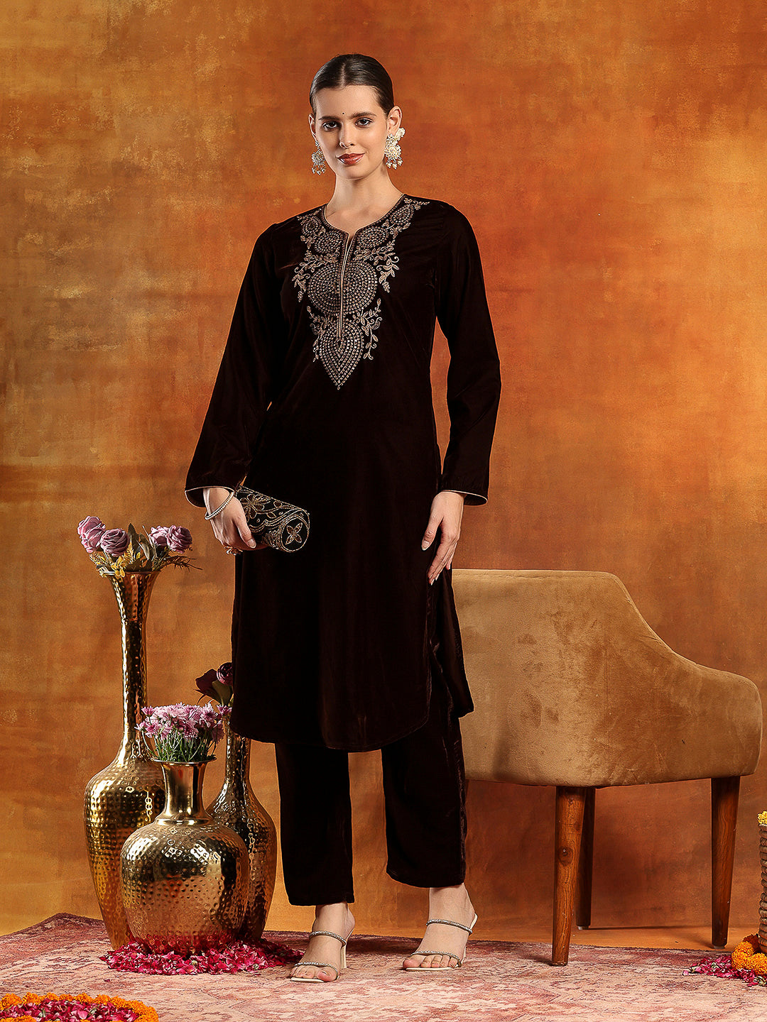 Velvet Zari-Embroidered Kurta Set with Palazzo &amp; Banarasi Dupatta