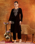 Velvet Zari-Embroidered Kurta Set with Palazzo & Banarasi Dupatta