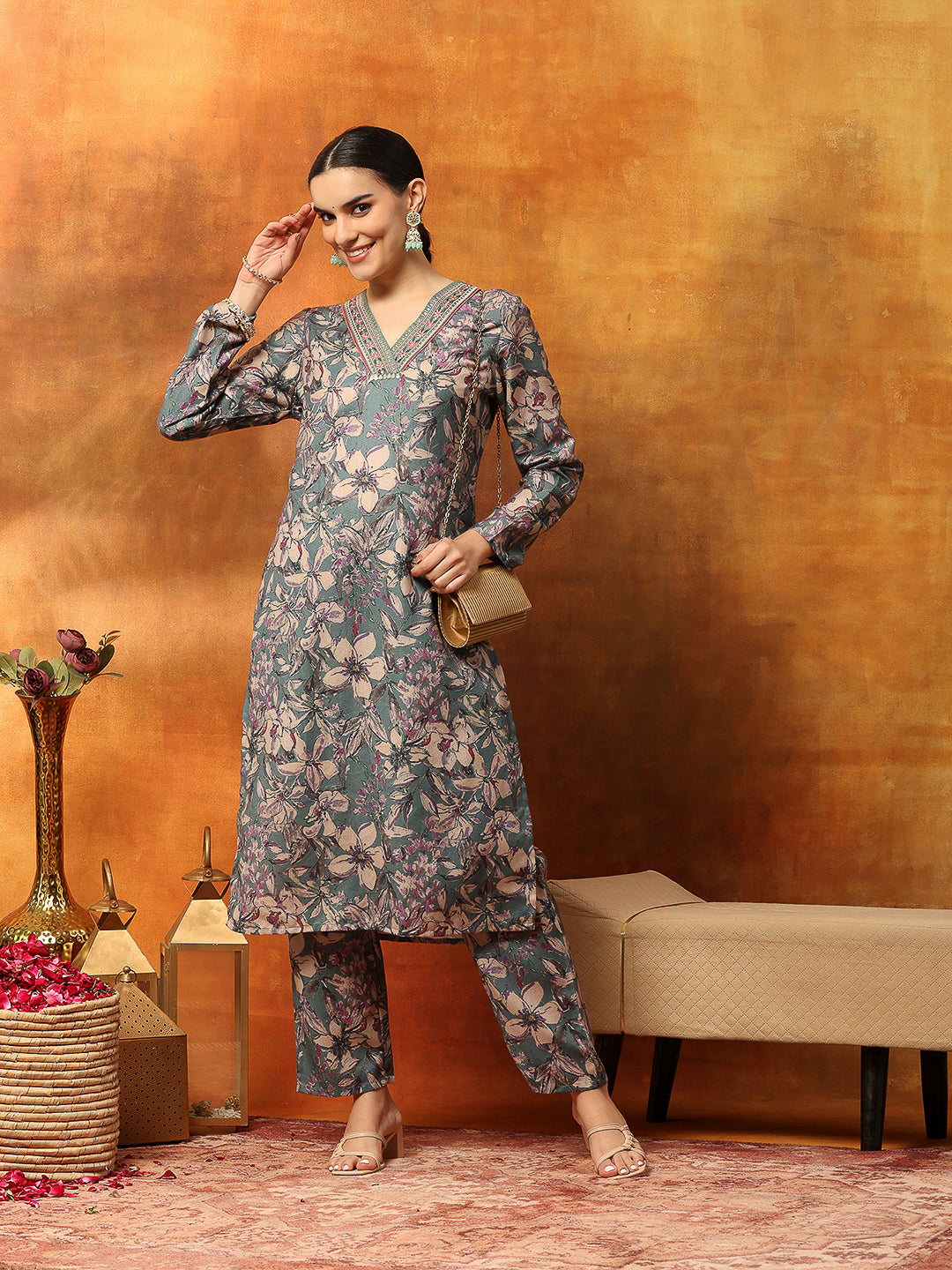Wool Blend Floral Printed Kurta Set with Ethnic Embroidery &amp; Printed Palazzo