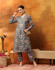 Wool Blend Floral Printed Kurta Set with Ethnic Embroidery & Printed Palazzo