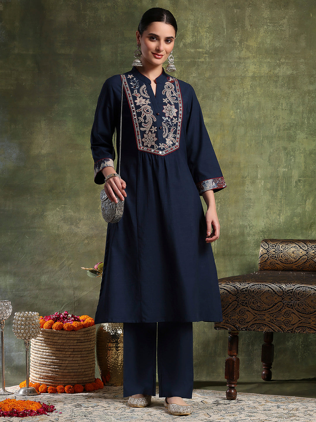 A-Line Cotton Kurta Set with Embroidered Patch Collar &amp; Palazzo