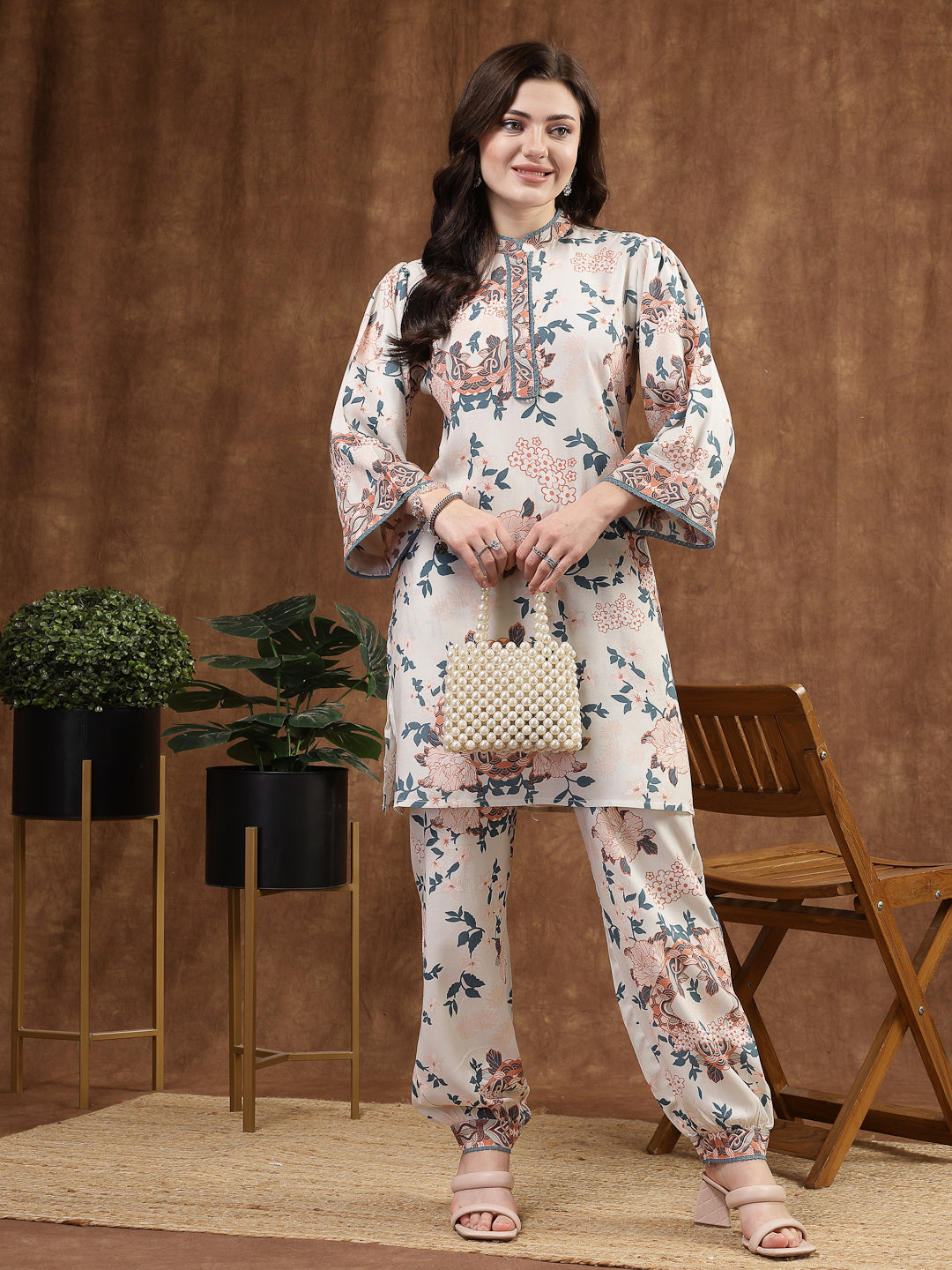 Orange Floral Kurta Set with Mandarin Collar &amp; Laced Bell Sleeves