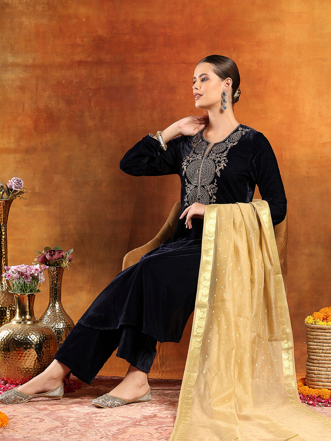 Velvet Zari-Embroidered Kurta Set with Palazzo &amp; Banarasi Dupatta