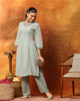 Silk Blend Embroidered Kurta Set with Palazzo & Lace Hem