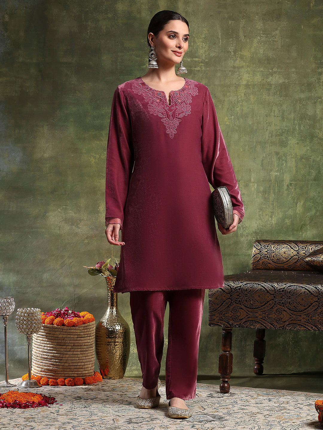 Velvet Embroidered Kurta Set with Organza Patti Sleeves &amp; Palazzo