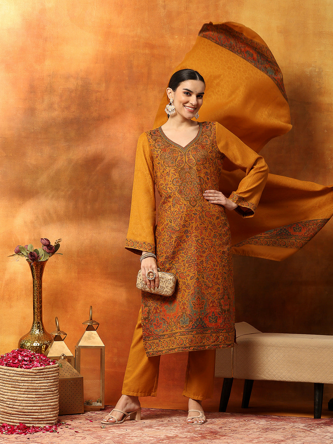 Floral Wool Blend Kurta Set with Swarovski Work &amp; Printed Dupatta