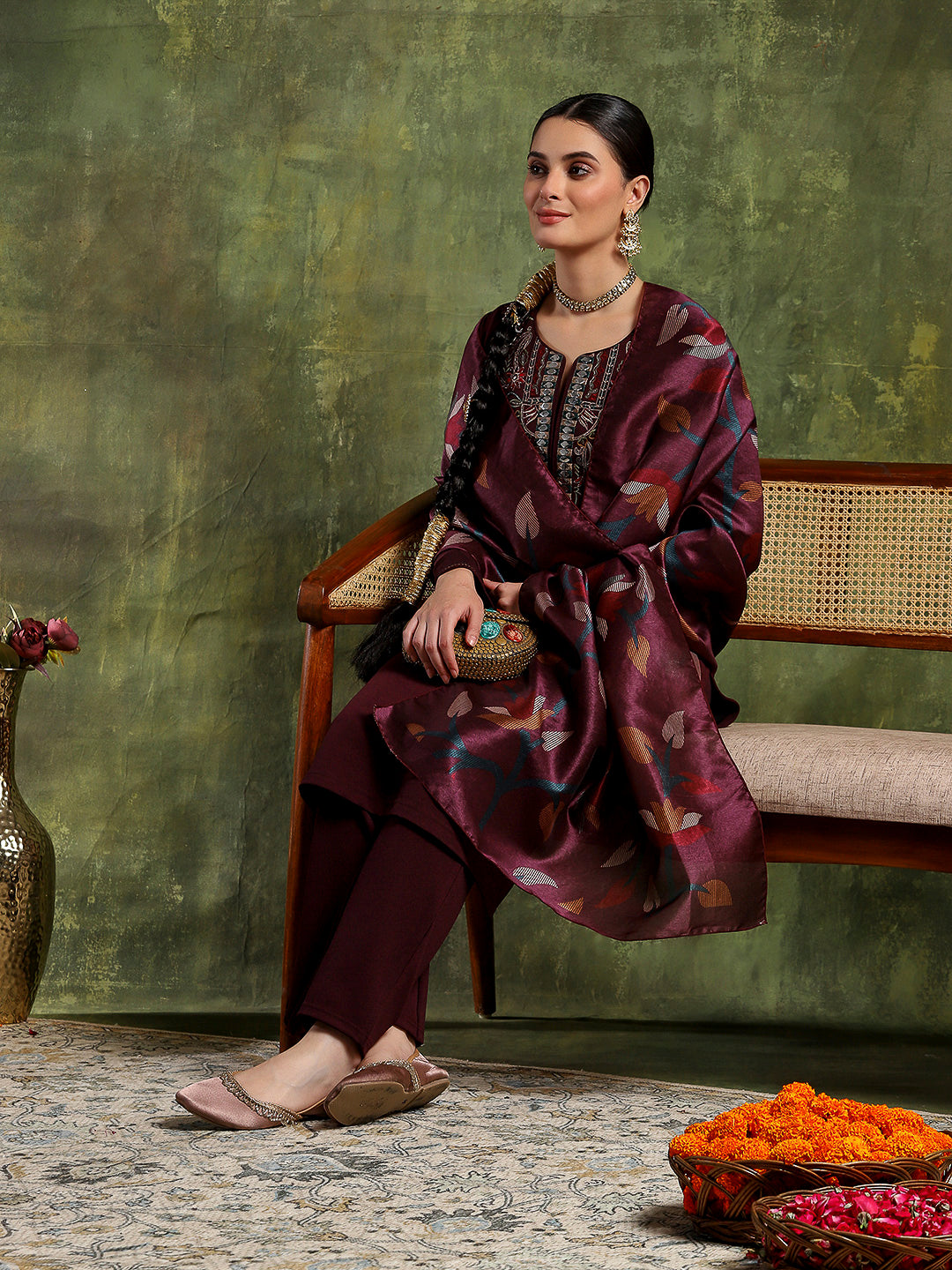Wool Blend Embroidered Kurta Set with Silk Dupatta
