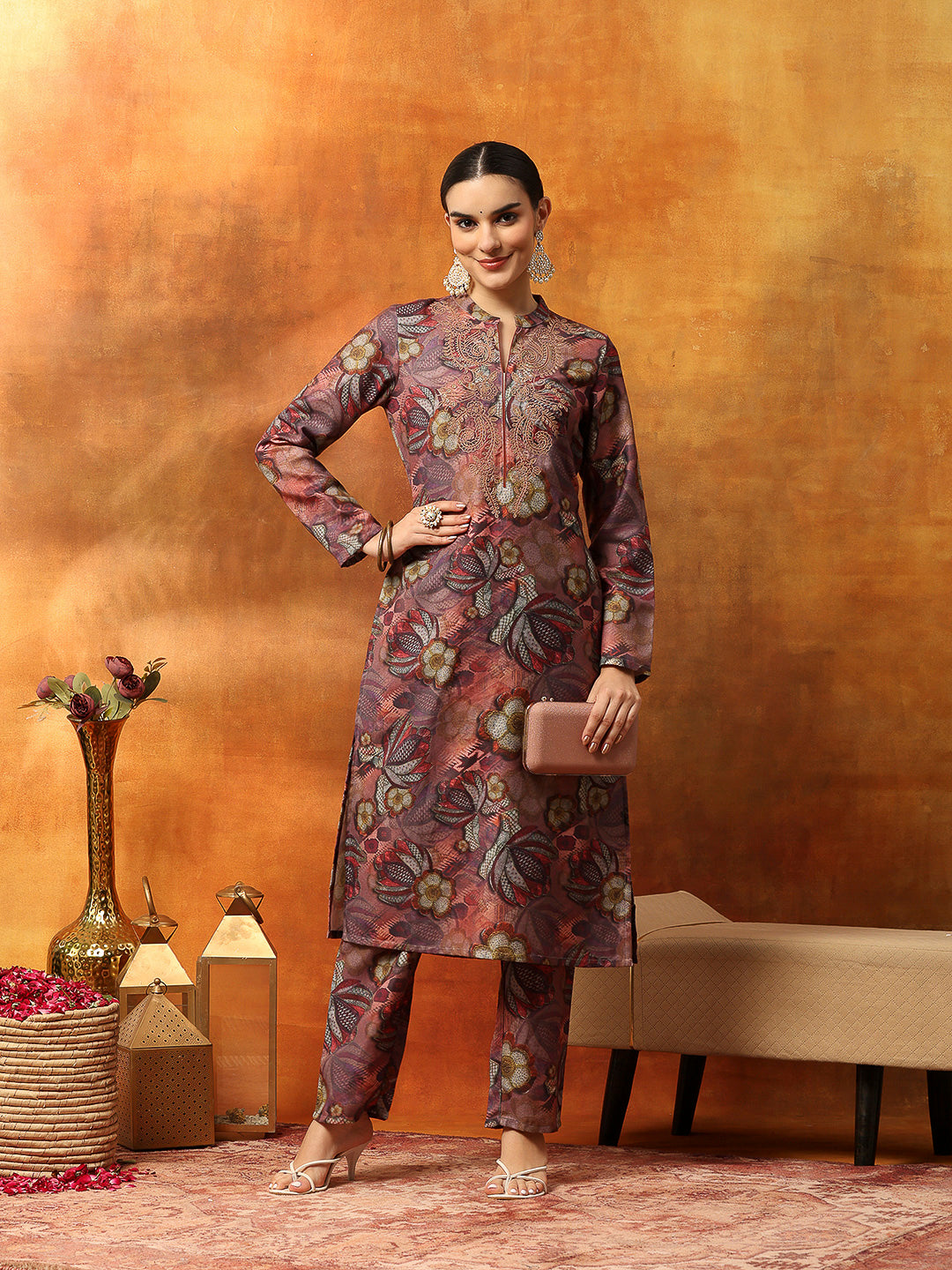 Wool Blend Floral Printed Kurta Set with Mandarin Collar, Zari Work &amp; Printed Palazzo