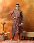 Wool Blend Floral Printed Kurta Set with Mandarin Collar, Zari Work & Printed Palazzo