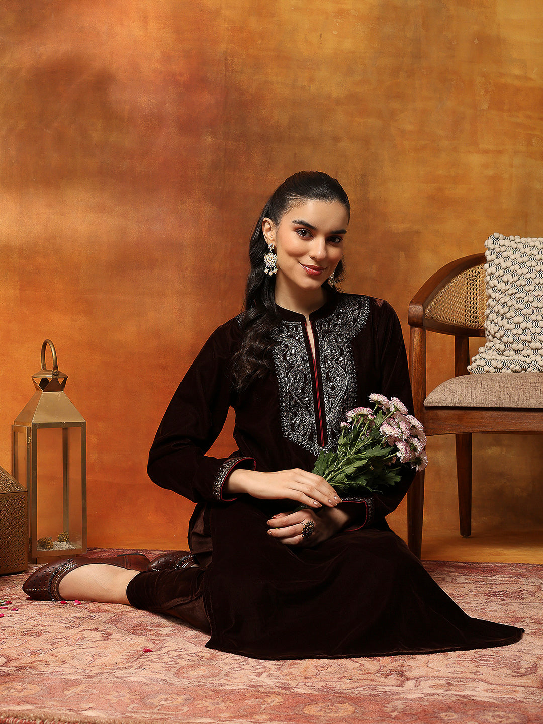 Velvet Kurta Set with Mandarin Collar &amp; Zari Embroidered Yoke