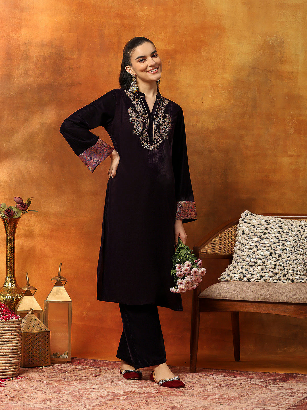 Velvet Zari Embroidered Kurta Set with Elasticated Palazzo