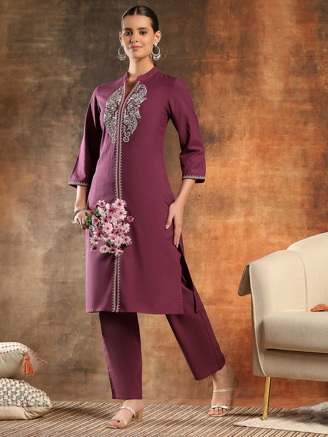 Embroidered Cotton Blend Straight Kurta Set