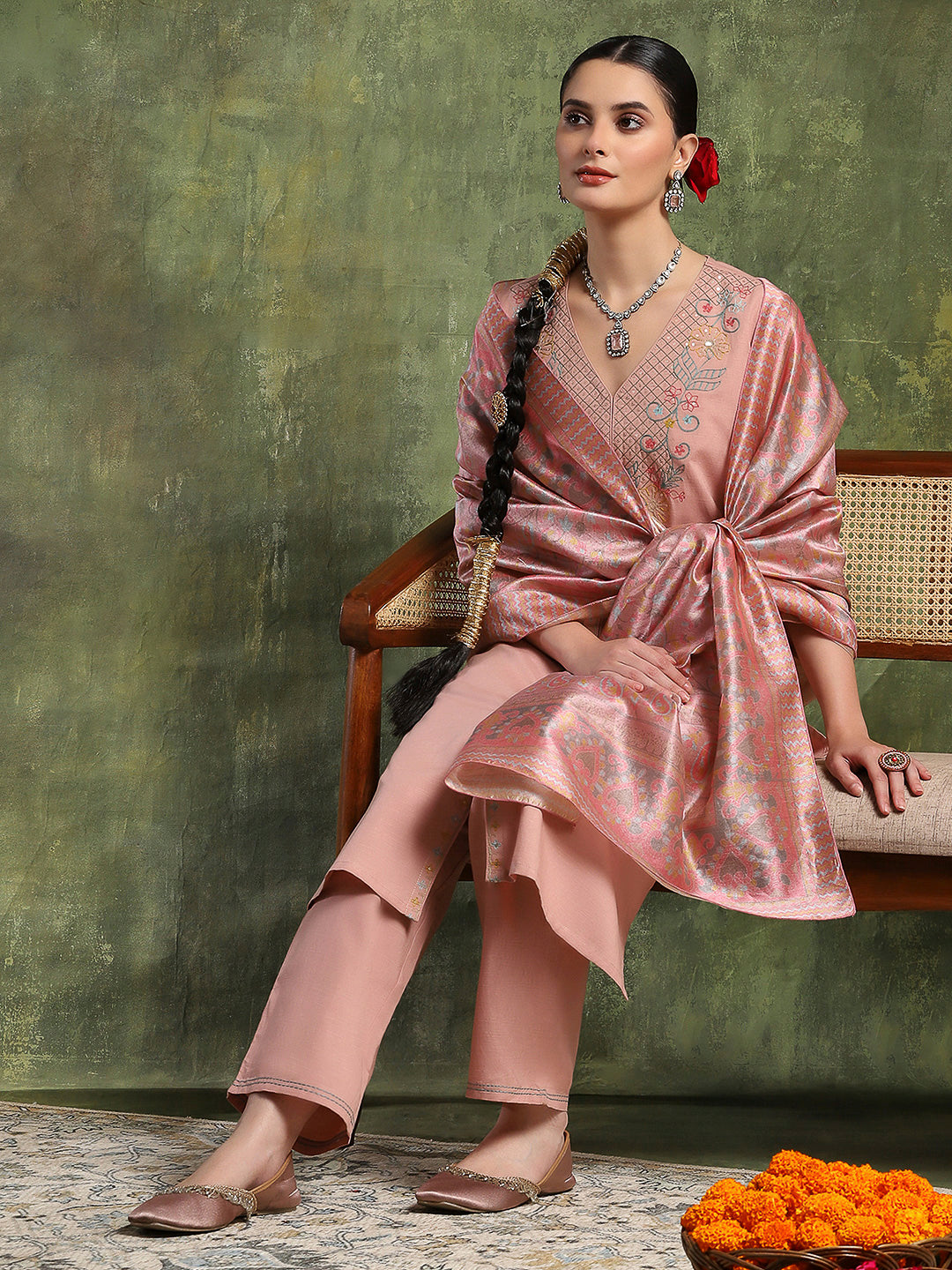 Cotton Linen Kurta Set with Ari Embroidery, Palazzo &amp; Assam Silk Dupatta