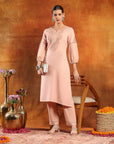 Twill Weave Embroidered Kurta Set with Lace-Trimmed Palazzo