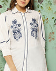 Collared Embroidered Top With Smocking Detail At  Sleeve Cuff