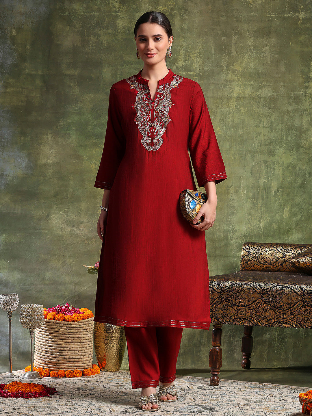 Poly Viscose Kurta Set with Zari-Embroidered Mandarin Collar