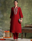 Poly Viscose Kurta Set with Zari-Embroidered Mandarin Collar