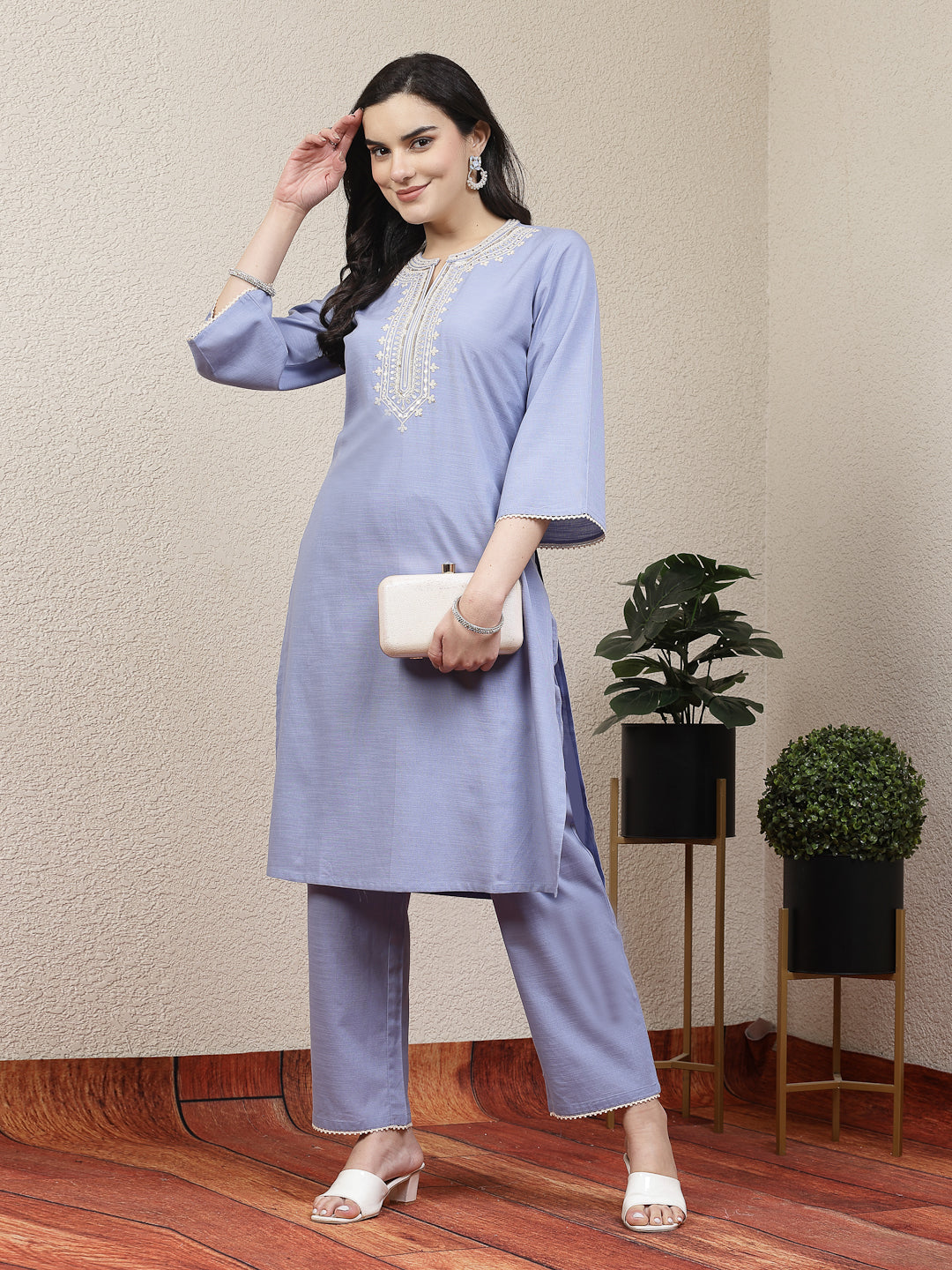 Embroidered blue cotton linen kurta set with lace-detailed palazzo