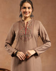 Solid Kurta Set with Ethnic Embroidery, Mandarin Collar & Lace Hem Palazzo