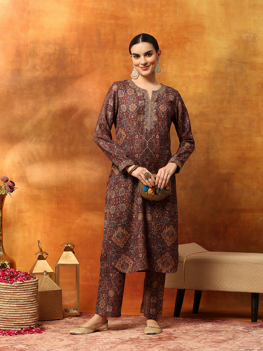 Wool Blend Floral Kurta Set with Zari Embroidery &amp; Printed Elasticated Palazzo