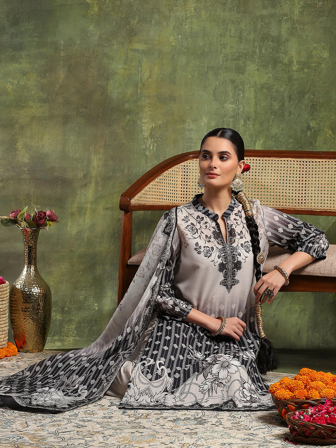 Linen Printed Kurta Set with Swarovski Detailing, Palazzo &amp; Kotta Dupatta