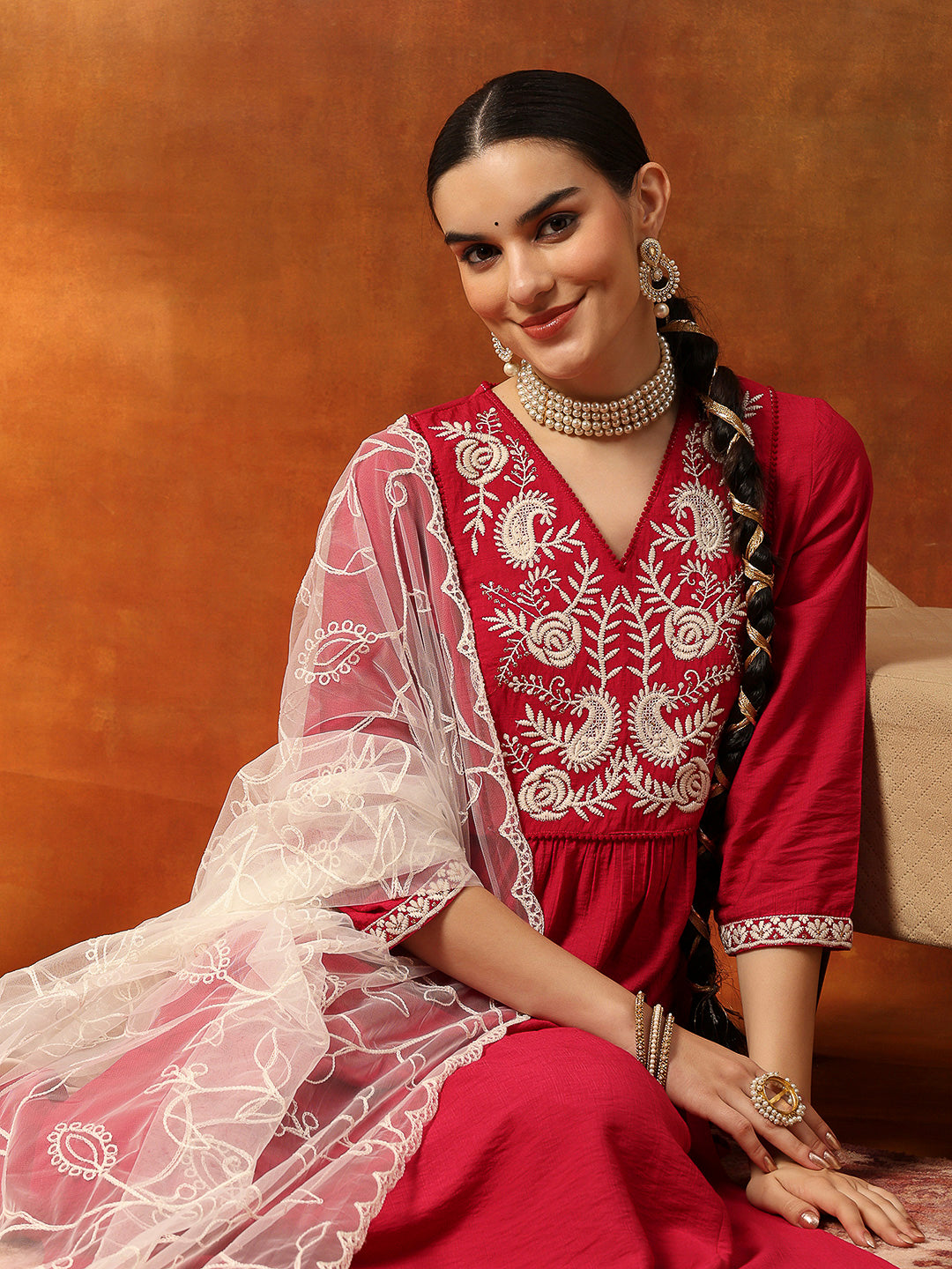 A-Line Kurta Set with Lucknavi Embroidery, Palazzo &amp; Embroidered Supernet Dupatta