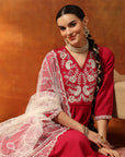 A-Line Kurta Set with Lucknavi Embroidery, Palazzo & Embroidered Supernet Dupatta