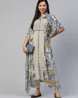 Floral Printed Flared Sleeves Thread Work Kaftan Kurta