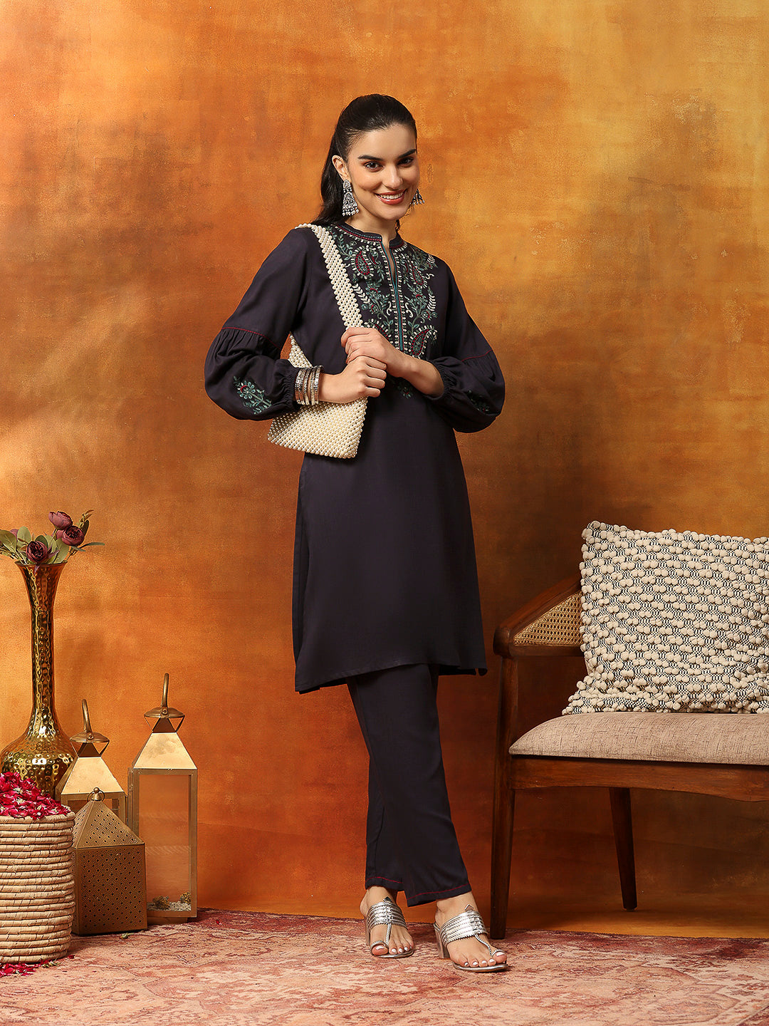Rayon Kurti &amp; Palazzo Co-Ord Set with Embroidered Yoke