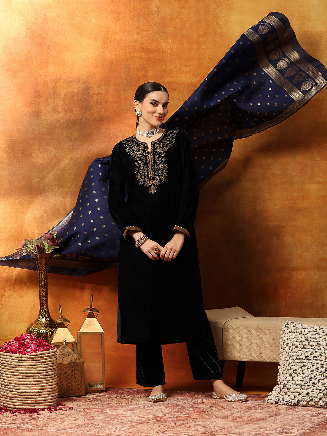 Velvet Kurta Set with Zari Embroidered Yoke with Palazzo &amp; Art Silk Dupatta