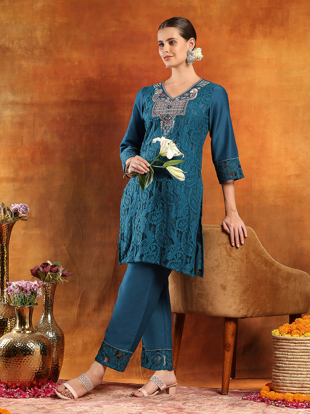 Cotton Raschel Embroidered Kurta Set with Palazzo