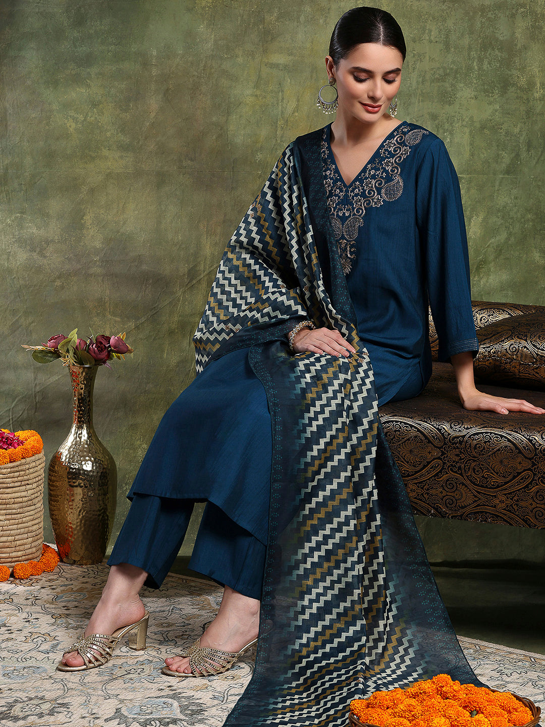 Zari-Embroidered Poly Viscose Kurta Set with Printed Chanderi Dupatta