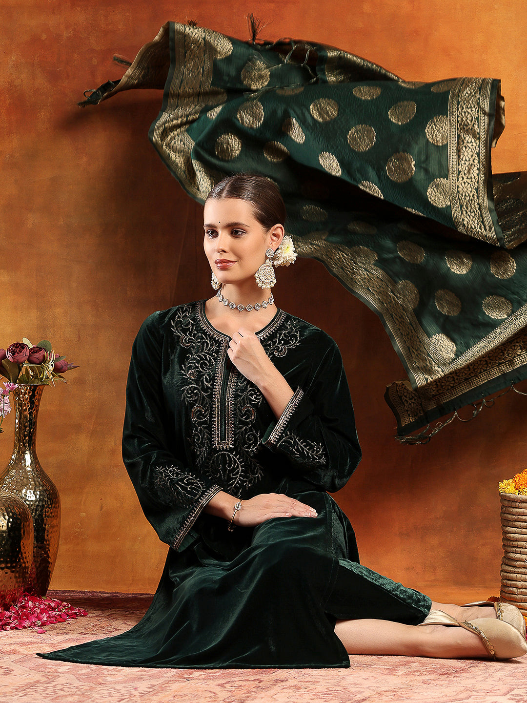 Velvet Zari-Embroidered Kurta Set with Bell Sleeves, Palazzo &amp; Banarasi Dupatta
