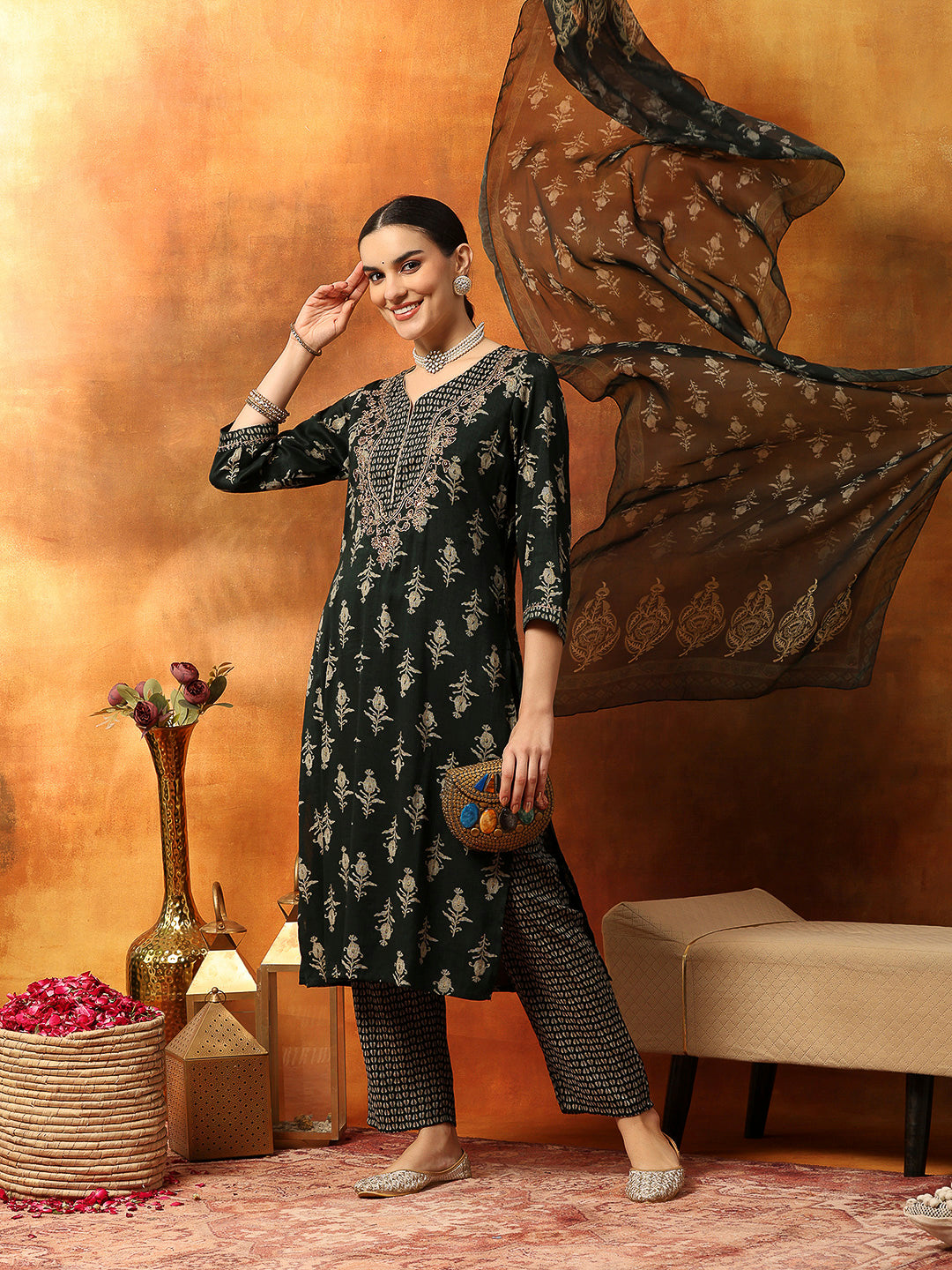 Viscose Rayon Kurta Set with Ethnic Motif Print, Zari Work &amp; Printed Chiffon Dupatta