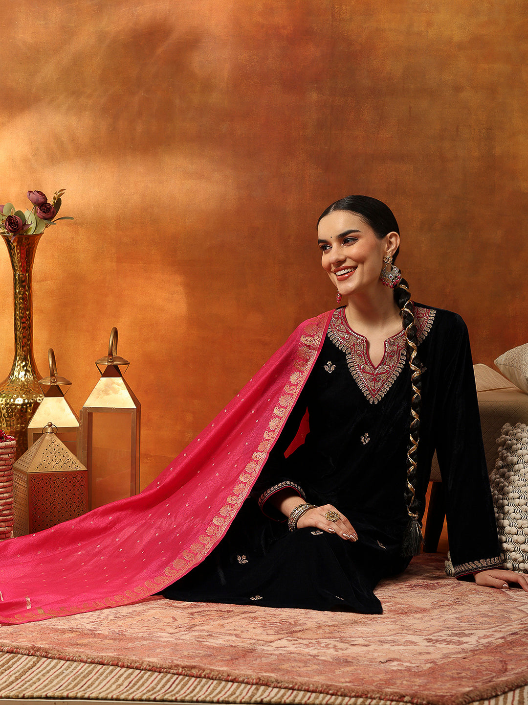 Regal Velvet Kurta Set with Zari &amp; Patch Embroidery