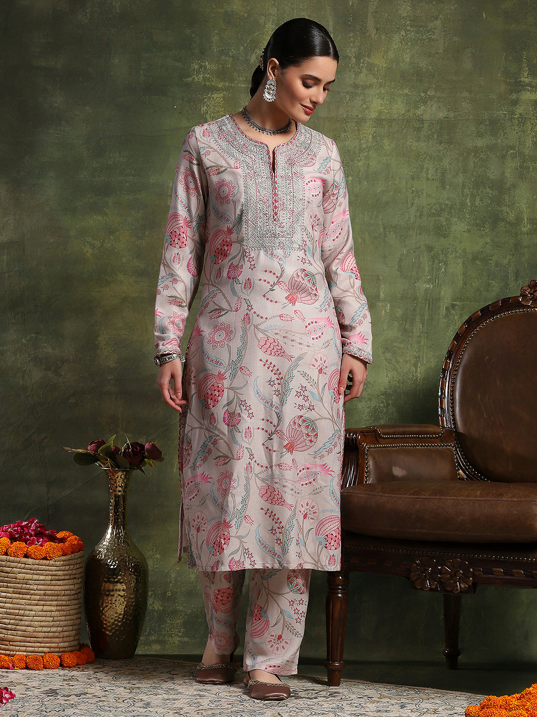 Wool Blend Floral Kurta Set with Zari Embroidery, Lace Detail &amp; Solid Palazzo