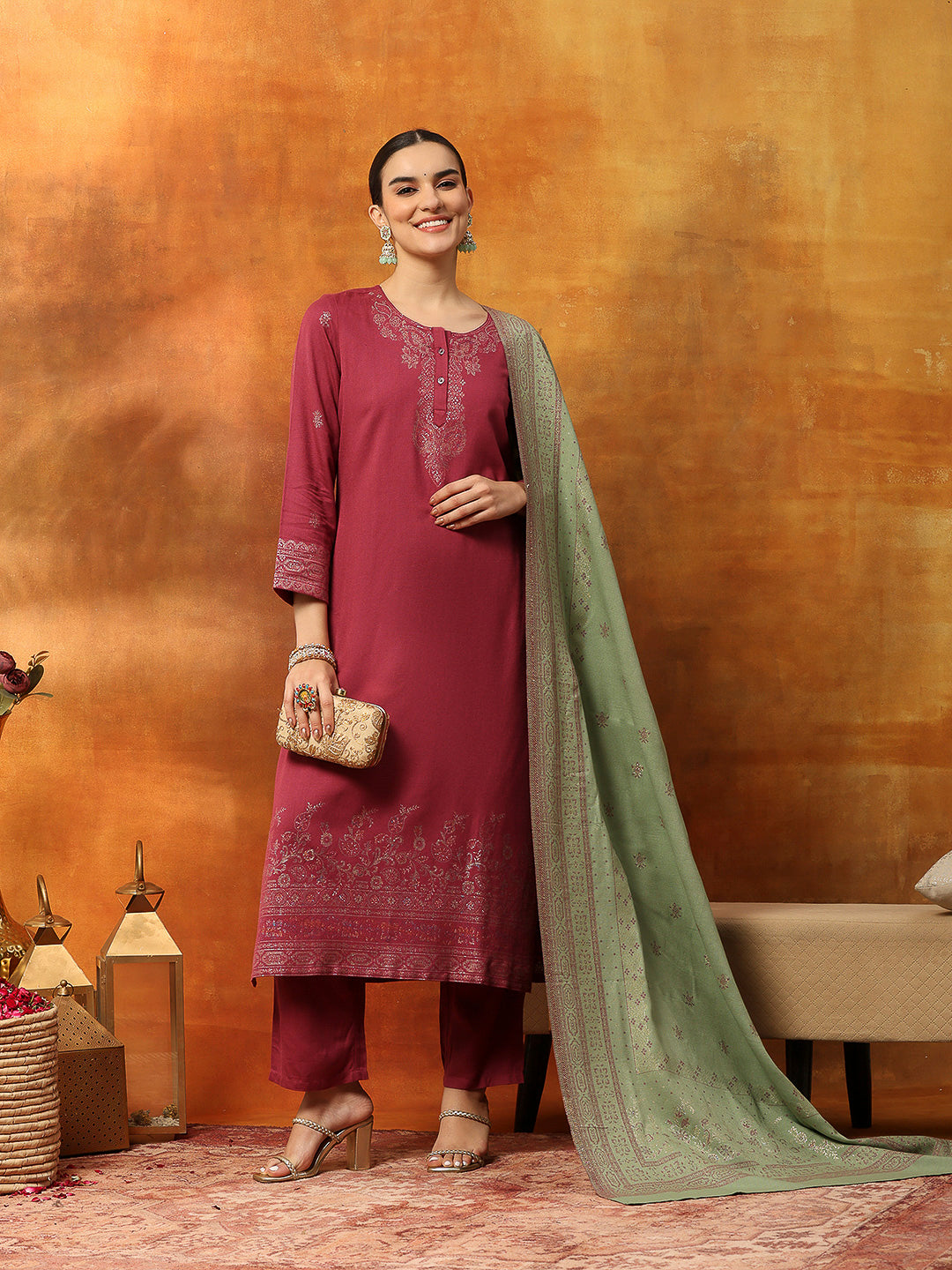 Floral Wool Blend Kurta Set with Embroidered Mandarin Collar &amp; Printed Dupatta